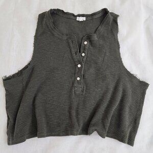 Aerie Green Sleeveless Cropped Tank Top XL Waffle Button Front Henley
